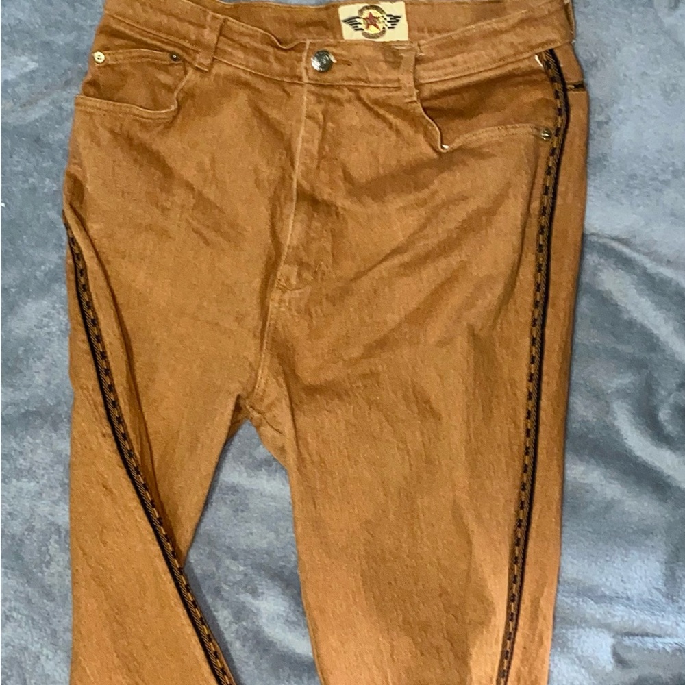 *VERY YEEHAW* JeanTonic Brand Straight Leg Tan Denim Pants With Cowboy Detail